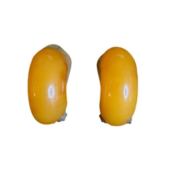 Possible Bakelite Earrings Golden Clip-On Hugger Jewelry Vintage - Picture 6 of 8